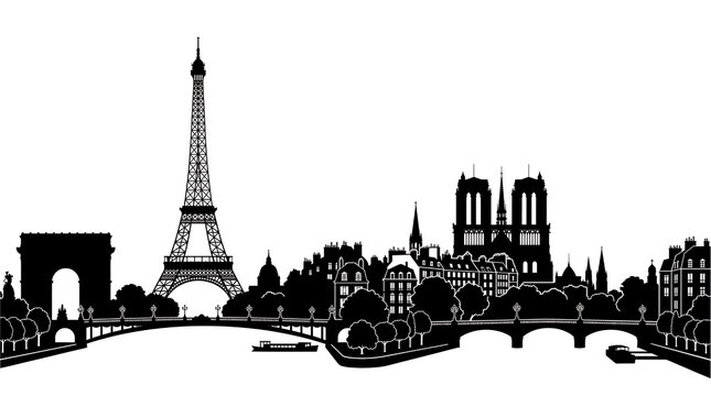 Paris Skyline Silhouette with Eiffel Tower and Notre Dame Cathedral