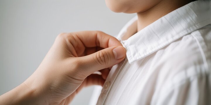 Mother buttoning white shirt for her young son, preparing him for school or a formal event, family care concept