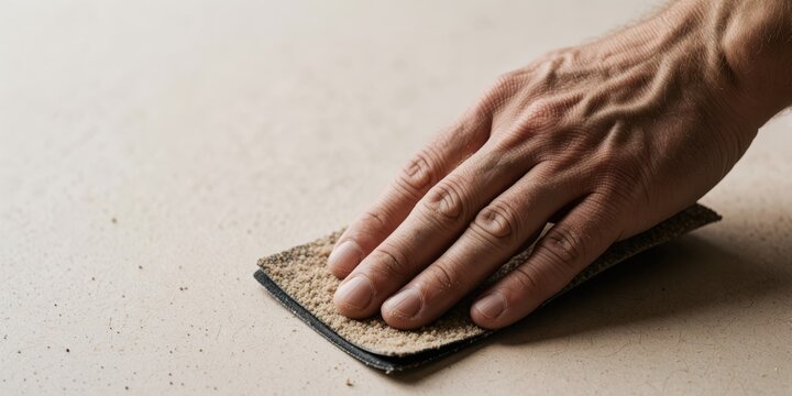 Close-up of a man sanding a wooden surface with sandpaper, representing craftsmanship, DIY woodworking, and home renovation projects