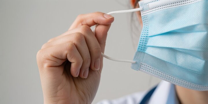 Young adult female healthcare worker holding surgical face mask close up for pandemic protection and prevention concepts