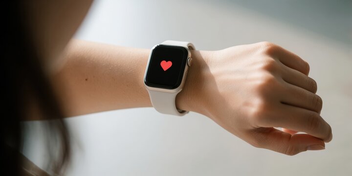 Young adult woman checking heart rate on a smart watch on her wrist, health and fitness tracking concept