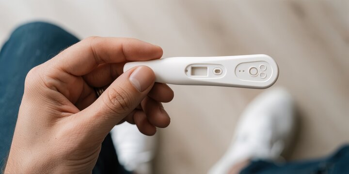 Close up of an adult caucasian person holding a digital pregnancy test device waiting for the result in a modern interior setting representing family planning and healthcare concepts