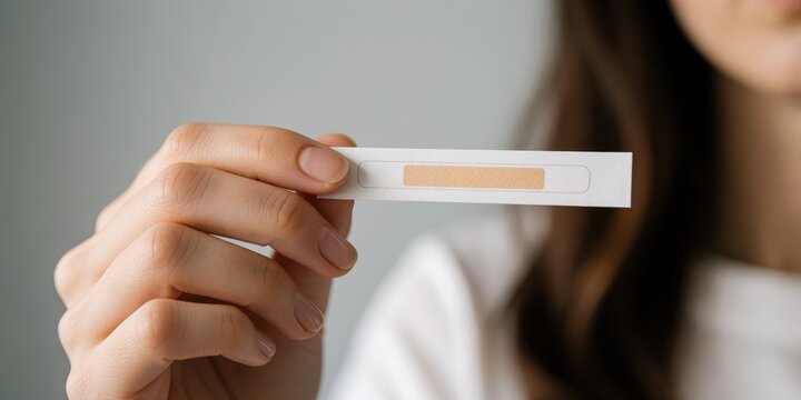 Young adult woman holding a strip of adhesive bandage close up, first aid and medical care concept