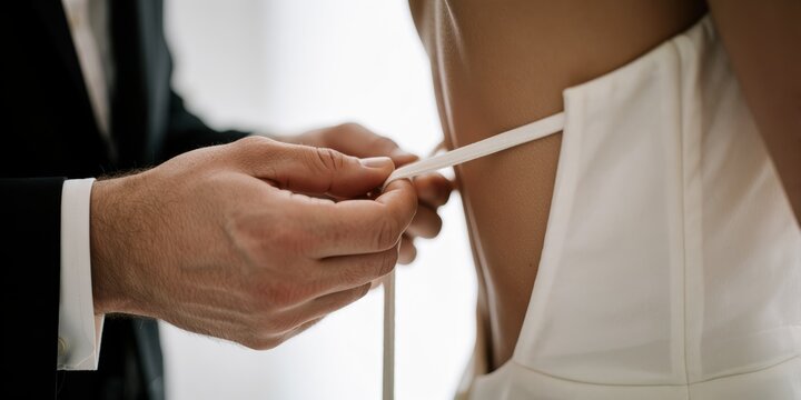 Groom helping bride tie her wedding dress corset strings in an intimate pre-wedding preparation moment representing romance and marriage