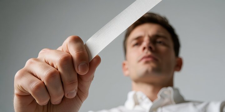 Low angle view of a young Caucasian man holding a paper strip to demonstrate testing or smelling concept in a studio