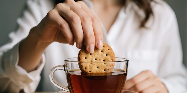 Young adult woman dipping a biscuit into a cup of hot tea for a cozy breakfast snack at home