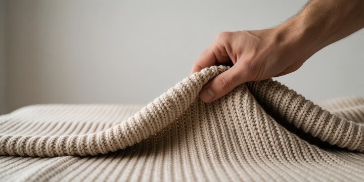 Man holding and checking soft beige knitted fabric texture for cozy home interior and clothing design