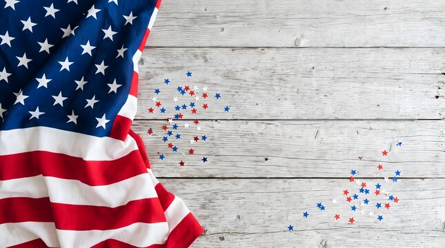 American flag draped on a rustic white wooden background with scattered red, white, and blue star confetti, perfect for independence day or patriotic celebrations