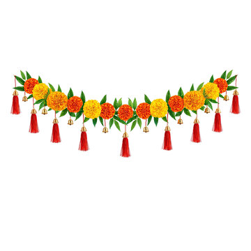Traditional Indian Diwali Toran with Marigold Flowers Mango Leaves and Golden Bells Transparent PNG