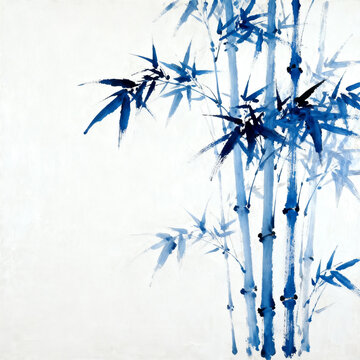 Blue‑Tone Chinese Ink Wash Bamboo Painting