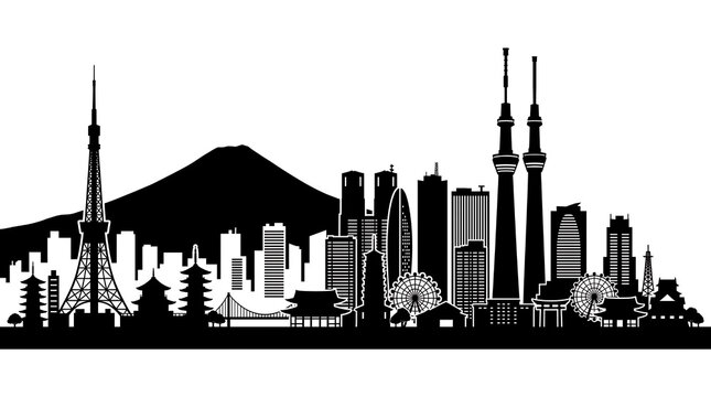 Tokyo Skyline Silhouette with Mount Fuji, Tokyo Tower and Skytree