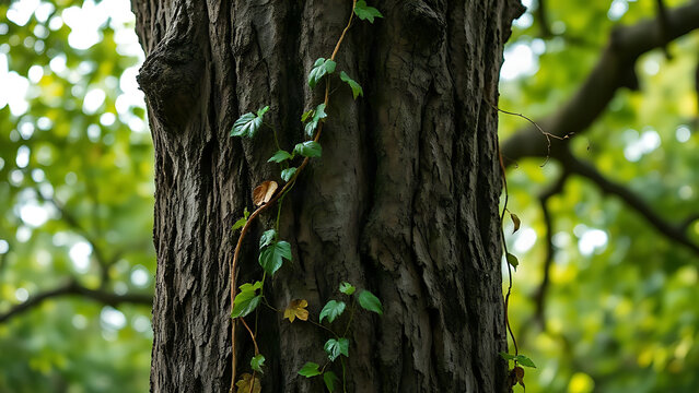 Delicate vines winding up the trunk of a tall oak tree, detailed bark and leaves.