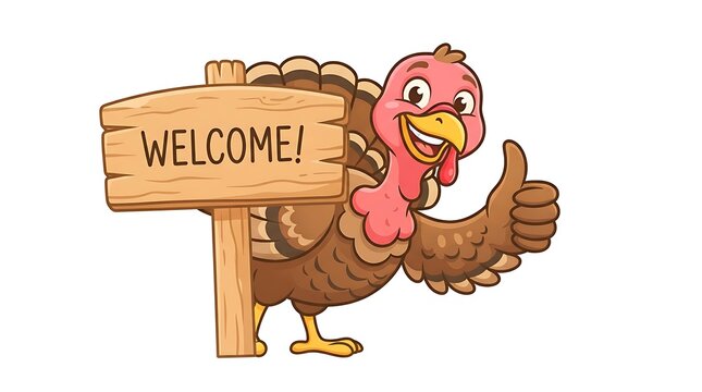 Cartoon turkey holding a welcome sign with a thumbs up illustration for thanksgiving celebrations