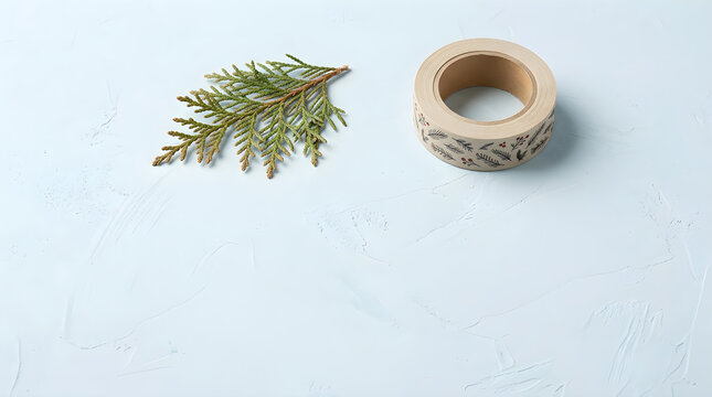 Minimalist washi tape and cedar branch on blue background, decorative masking tape for scrapbooking, winter craft supplies with copy space