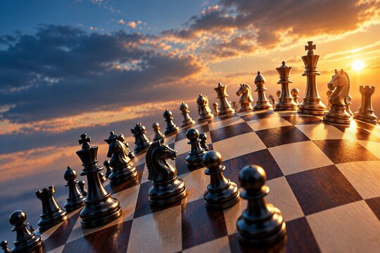 Chess Pieces on a Chessboard at Sunset Representing Business Strategy, Leadership and Competition