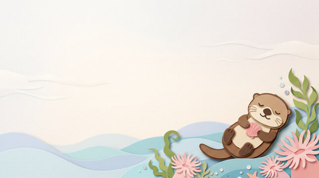 Papercraft cute sea otter floating on water holding seashell with copy space, 16:9 horizontal