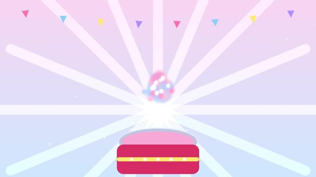 Pink macarons falling in stage spotlight with pastel lights and geometric pattern backdrop
