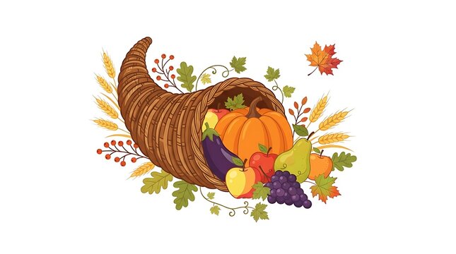 Abundant cornucopia overflowing with autumn harvest fruits and vegetables on a white background