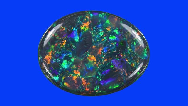 A polished oval cabochon black opal gemstone showcasing vibrant iridescent play of color isolated on a studio chroma key blue screen background. Ideal for luxury jewelry brand promos, gemology documen