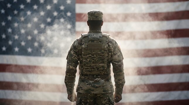 A proud american soldier in uniform standing resolutely with his back to the camera against the backdrop of the us flag