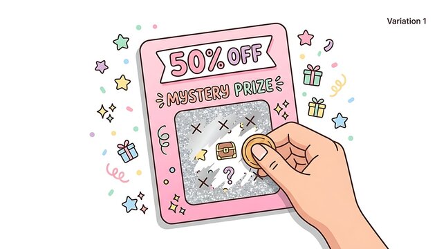Hand scratching cartoon style scratch card with 50 percent OFF and 3 matching symbols, promotional scratch and win bonus concept illustration.