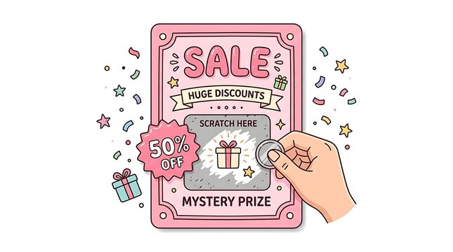 Hand scratching cartoon style scratch card with 50 percent OFF and 3 matching symbols, promotional scratch and win bonus concept illustration.