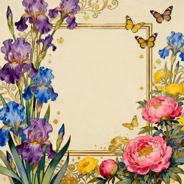 Ornate Golden Frame With Iris Peony And Butterflies