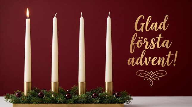 Swedish First Advent greeting card with four traditional candles, one lit, festive greenery and golden lettering "Glad f&ouml;rsta advent!"