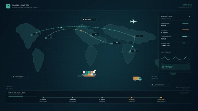 Global Supply Chain Logistics Animation with Connected Freight Routes and Digital Distribution Networks