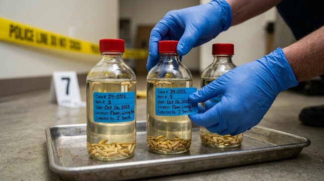 Forensic evidence Scientist collecting insect larvae samples in glass jars for crime scene investigation