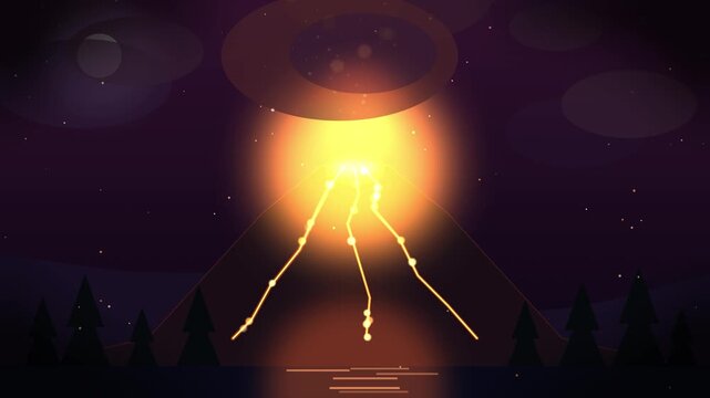 UFO landing sequence in dark night forest with glowing beams and moon phases
