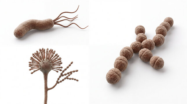 Microbiology 3D illustration collage of different microorganisms, bacteria and fungi types including spirillum with flagella, streptococcus chain, and mold conidiophore on white background.