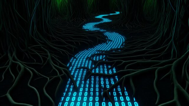 Digital River of Binary Code Flowing Through Dark Forest Roots, Concept of Data Flow