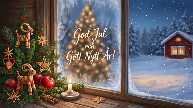 Swedish Christmas and New Year greeting with "God Jul och Gott Nytt &Aring;r!" text, traditional straw yule goat and snowy Swedish cottage