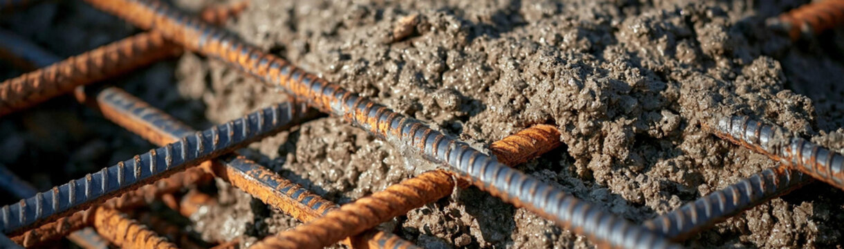 Reinforcement Bars in Concrete: Orange and blue steel rebar with ribbed texture laid on wet soil, construction materials for structural support.