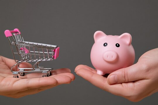 Two hands holding miniature metal shopping cart and pink piggy bank on grey background, shopping and saving money