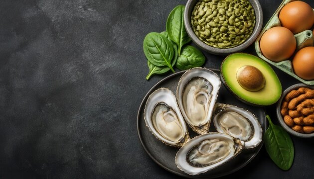 Nutrient-Rich Delights: A curated selection of wholesome foods, including fresh oysters, avocado, spinach, eggs, and lentils, are artfully arranged on a dark, textured surface.