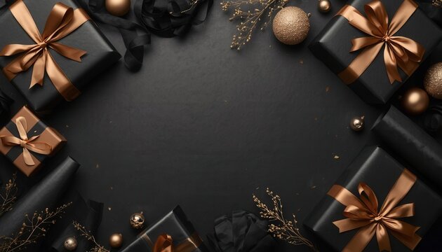 Elegant Gift Arrangement: A sophisticated collection of black gift boxes adorned with satin ribbon and gold accents, complemented by festive ornaments, arranged on a dark surface.