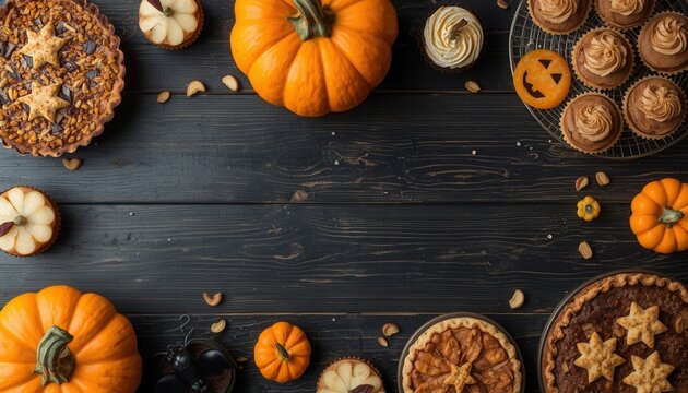 Autumn Harvest Feast: A delightful spread of autumnal treats, including pumpkins, pies, and cupcakes, arranged on a rustic dark wooden surface, evoking the warmth and abundance of the season.