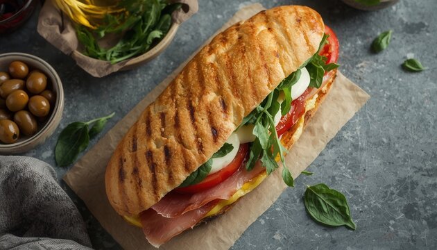 Delectable Italian Panini: A gourmet panini filled with ham, fresh mozzarella, ripe tomato, and arugula, grilled to perfection with savory olive oil and served with a side of olives.