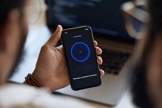 Close up of person holding smartphone with glowing blue circular loading animation while working at desk with laptop