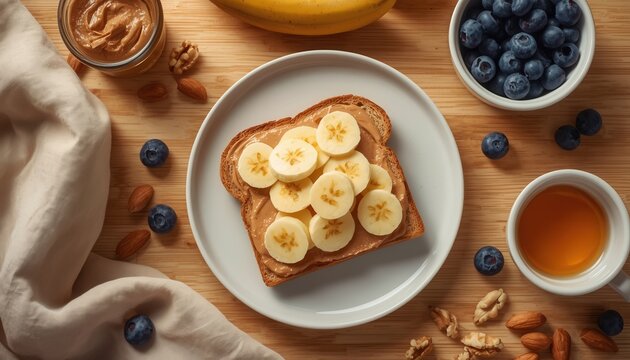 Peanut Butter Banana Toast Delight: A delicious slice of toast generously spread with creamy peanut butter, topped with perfectly sliced bananas.
