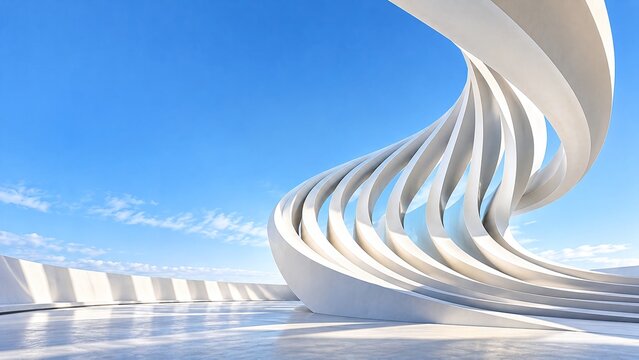 Modern abstract white architectural structure with sweeping curves and futuristic design against a brilliant blue sky on a clear day