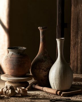 Three handmade vessels show the evolution of ceramic design from rustic to modern. Original tools and raw clay are featured in a studio.