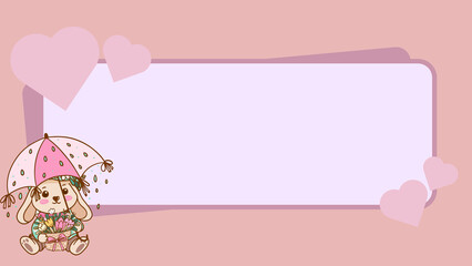 Charming illustration of a sweet bunny character holding an umbrella, surrounded by delicate hearts and a blank pastel frame, perfect for personalized messages or delightful greetings © Senandung