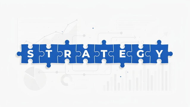 Blue puzzle pieces forming strategy word on light background