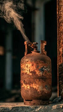 Rusted Gas Cylinder: A weathered propane tank emits smoke against a dark, industrial backdrop, evoking themes of decay and forgotten utility.