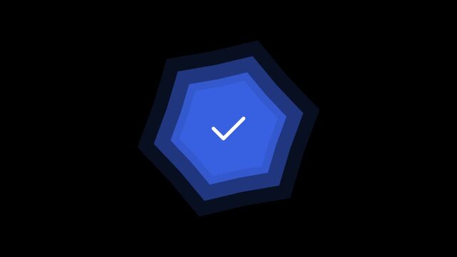 Blue hexagonal shield icon with white checkmark symbol looping animation on dark background