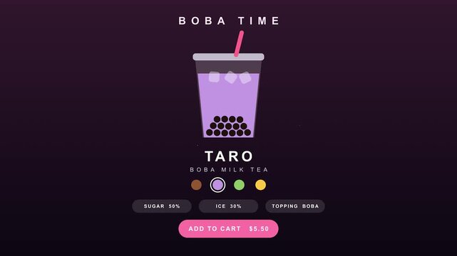 Boba tea drinks in various flavors appearing sequentially with gradient background and minimalist icons