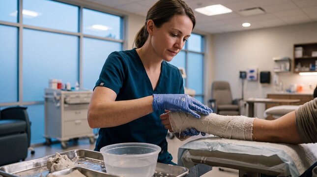 Healthcare Professional Shaping Plaster Forearm Cast During Calm Blue Dawn